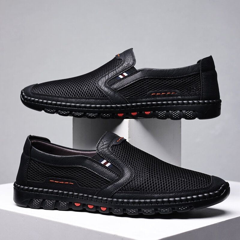 Męska Oddychająca Siatka Ze Skóry Bydlęcej Hollow Out Miękkie Dno Slip On Flat Casual Shoes