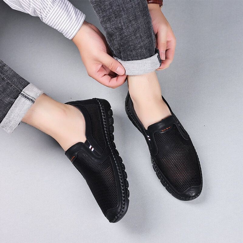 Męska Oddychająca Siatka Ze Skóry Bydlęcej Hollow Out Miękkie Dno Slip On Flat Casual Shoes