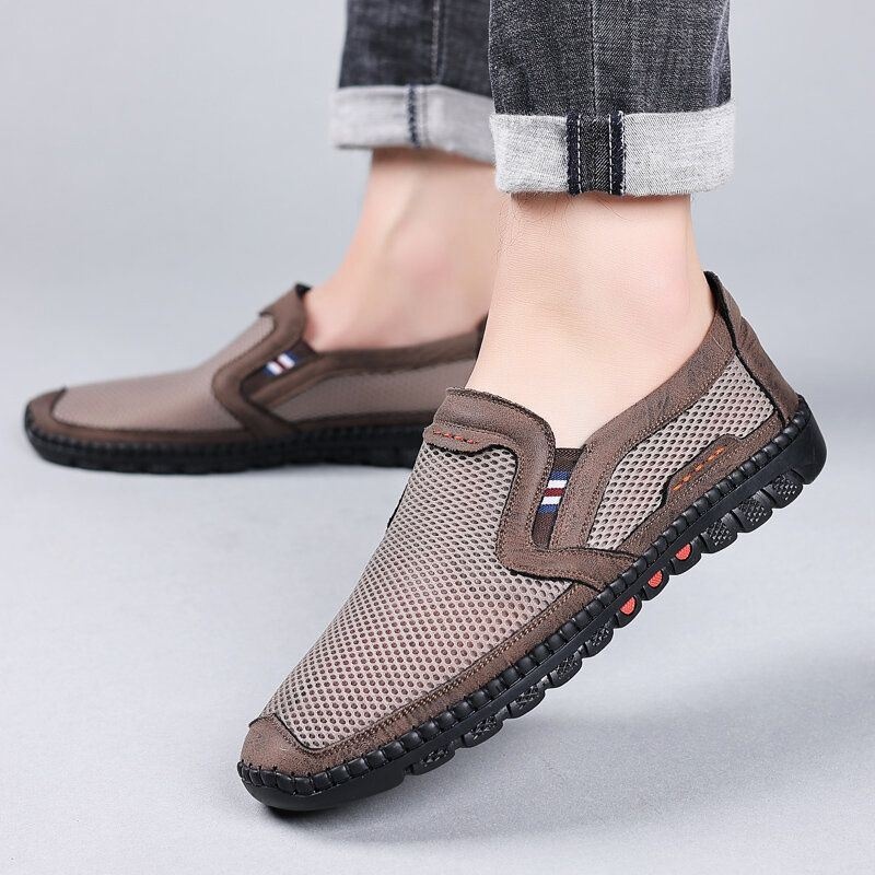 Męska Oddychająca Siatka Ze Skóry Bydlęcej Hollow Out Miękkie Dno Slip On Flat Casual Shoes