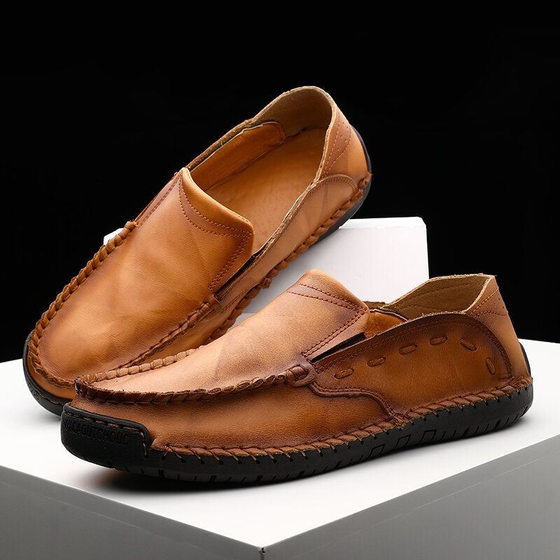 Męskie Antypoślizgowe Szwy Ręczne Casual Slip On Leather Shoes