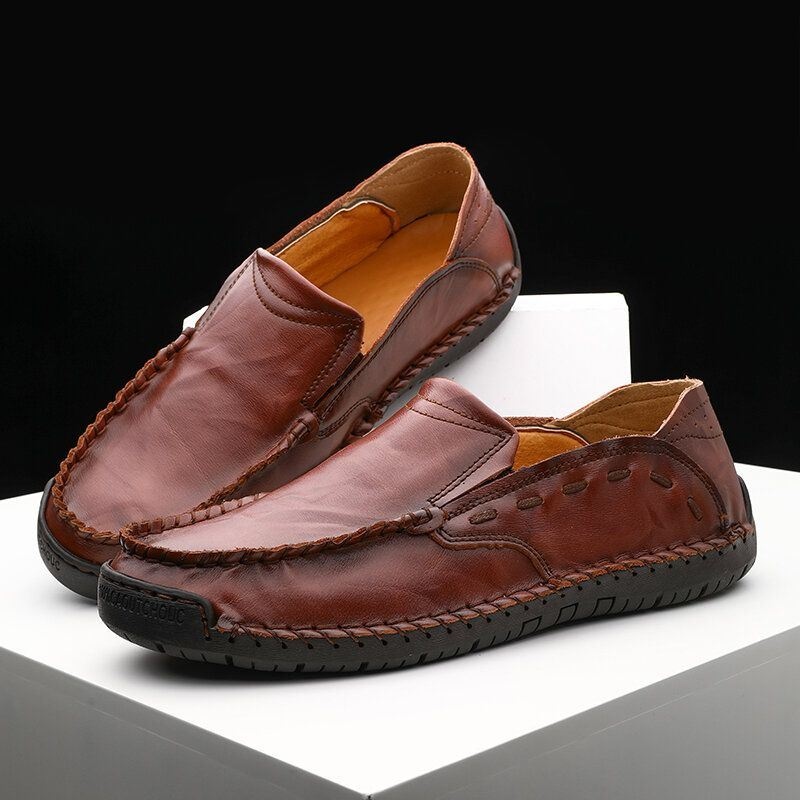 Męskie Antypoślizgowe Szwy Ręczne Casual Slip On Leather Shoes