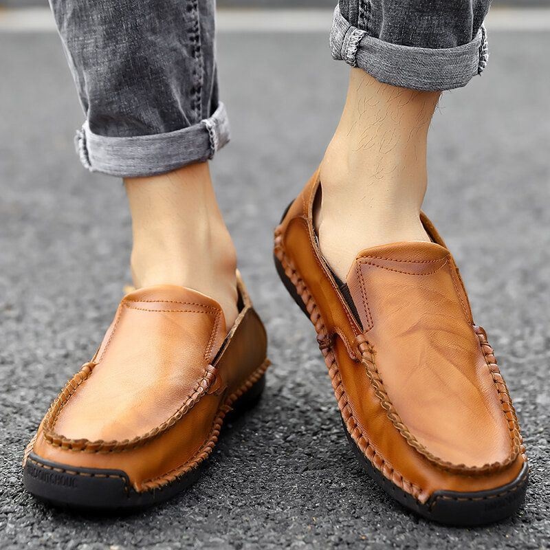 Męskie Antypoślizgowe Szwy Ręczne Casual Slip On Leather Shoes