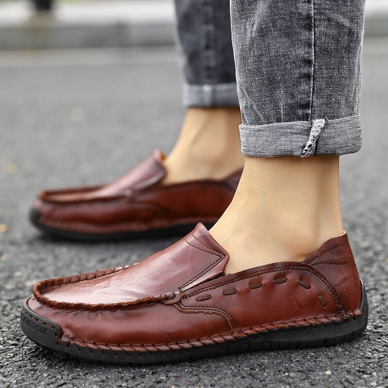 Męskie Antypoślizgowe Szwy Ręczne Casual Slip On Leather Shoes