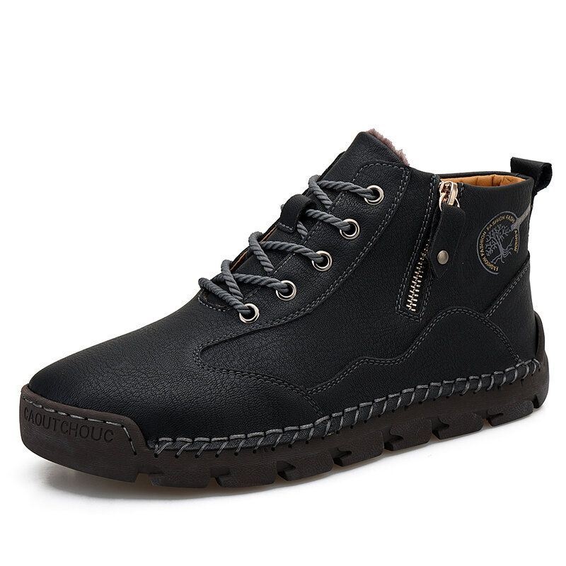 Męskie Skórzane Szwy Ręczne Oddychająca Miękka Podeszwa Krótkie Pure Color Zipper Lace Up Casual Shoes