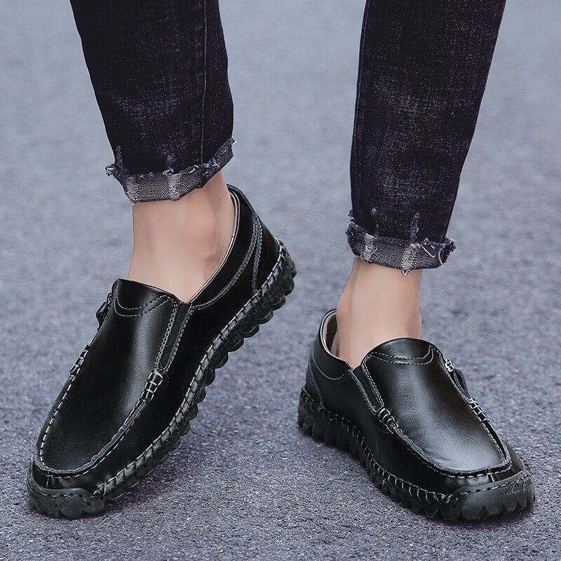 Męskie Szwy Ręczne Skórzany Miękki Zamek Boczny Business Casual Slip On Flat Shoes