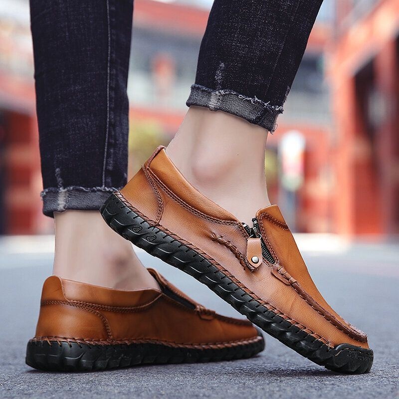 Męskie Szwy Ręczne Skórzany Miękki Zamek Boczny Business Casual Slip On Flat Shoes