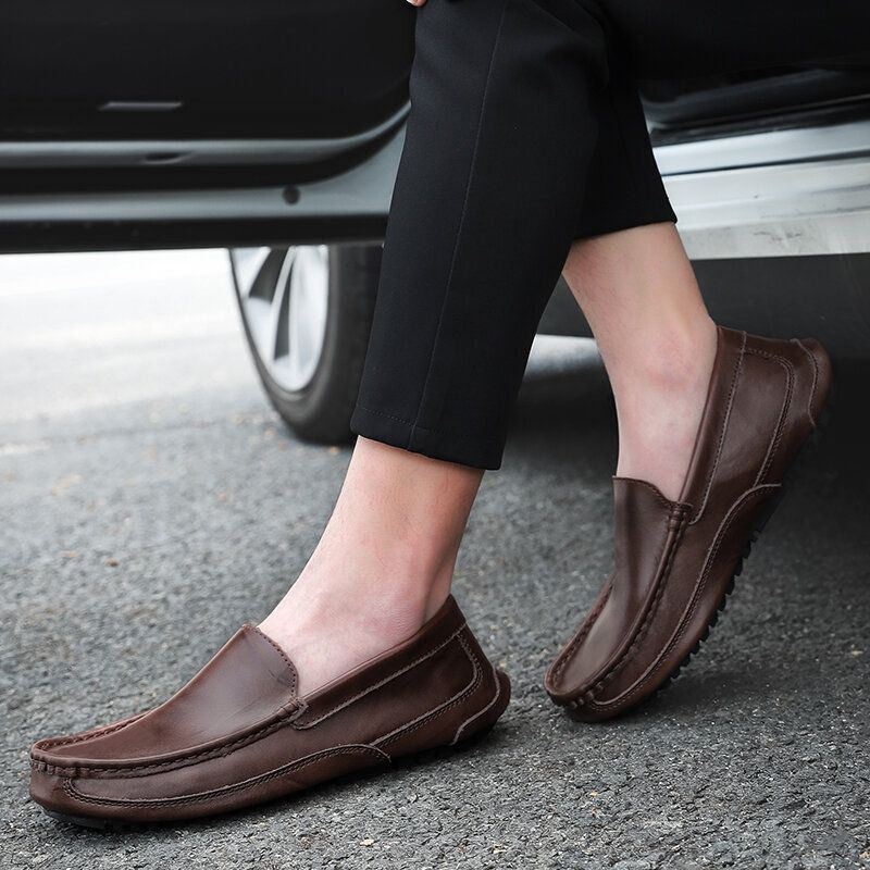 Męskie Wygodne Skórzane Mokasyny Antypoślizgowe Miękkie Podeszwy Casual Slip On Flat Shoes