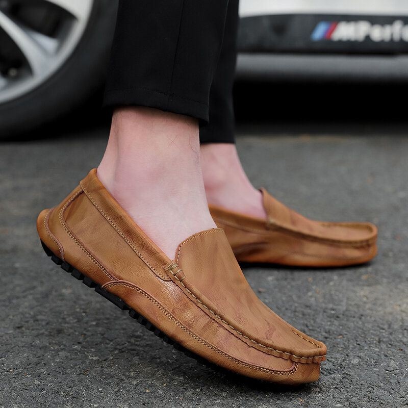 Męskie Wygodne Skórzane Mokasyny Antypoślizgowe Miękkie Podeszwy Casual Slip On Flat Shoes