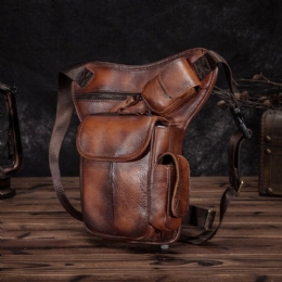 Mężczyźni Prawdziwa Skóra Multi-carry Retro 7-calowy Aparat Telefoniczny Torba Na Talię Na Zewnątrz Torba Crossbody