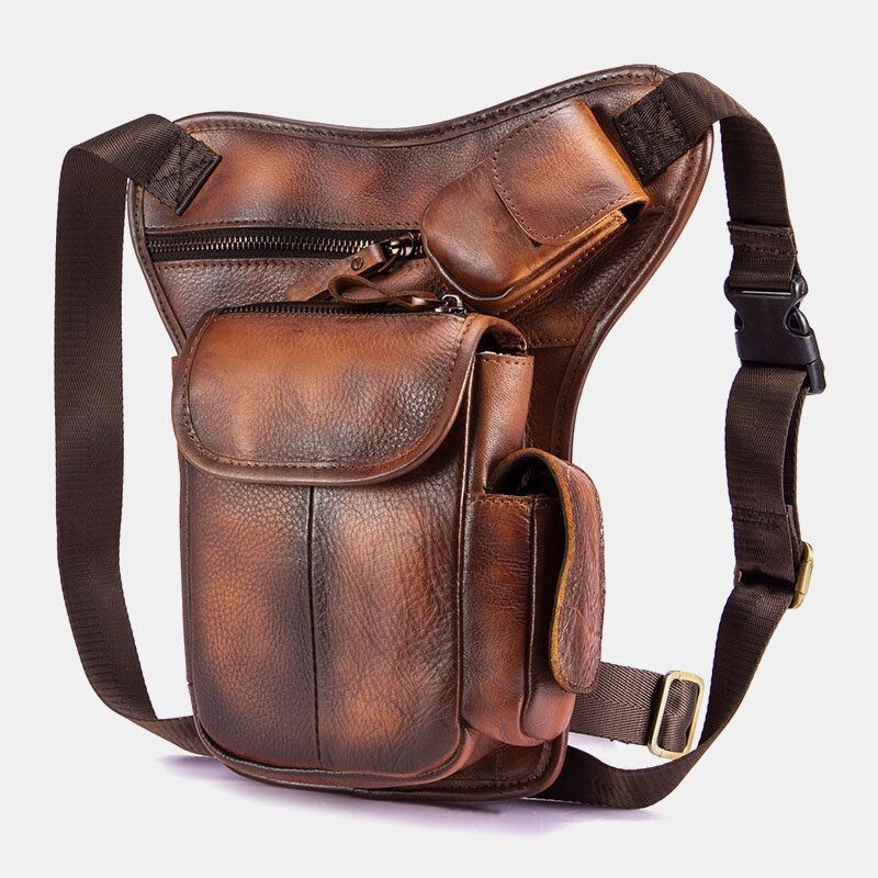 Mężczyźni Prawdziwa Skóra Multi-carry Retro 7-calowy Aparat Telefoniczny Torba Na Talię Na Zewnątrz Torba Crossbody