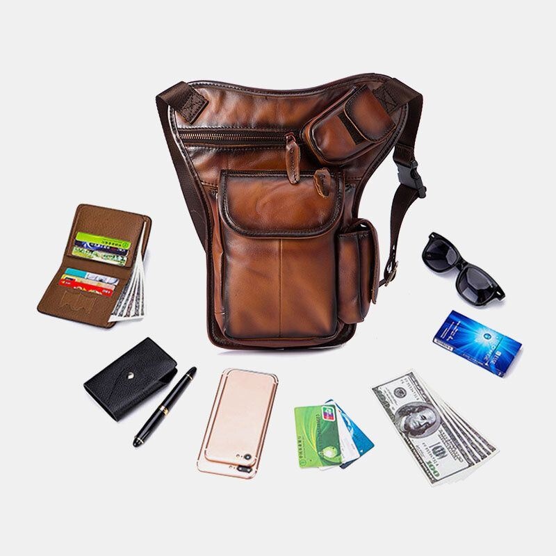 Mężczyźni Prawdziwa Skóra Multi-carry Retro 7-calowy Aparat Telefoniczny Torba Na Talię Na Zewnątrz Torba Crossbody