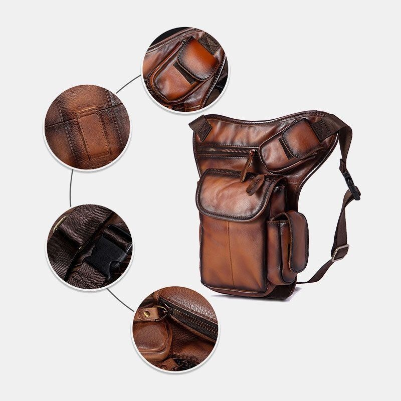 Mężczyźni Prawdziwa Skóra Multi-carry Retro 7-calowy Aparat Telefoniczny Torba Na Talię Na Zewnątrz Torba Crossbody