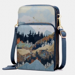 Damska Faux Leather Ladies Mountain Treetop Print Bag Torba Na Telefon 6.3 Cala Crossbody Bag