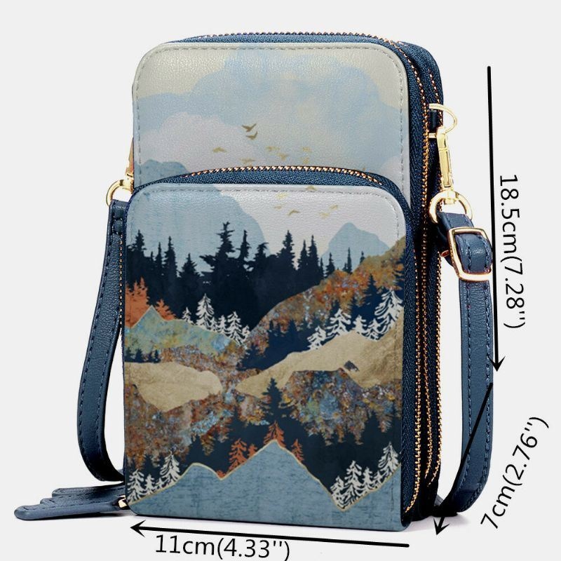 Damska Faux Leather Ladies Mountain Treetop Print Bag Torba Na Telefon 6.3 Cala Crossbody Bag