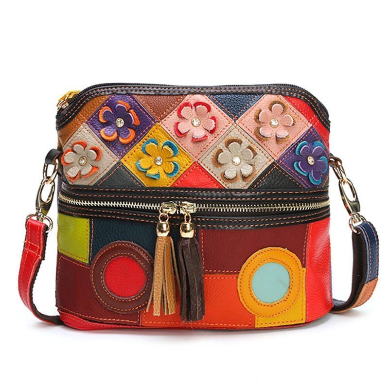 Damska Skórzana Torebka Crossbody W Kwiaty W Stylu Vintage