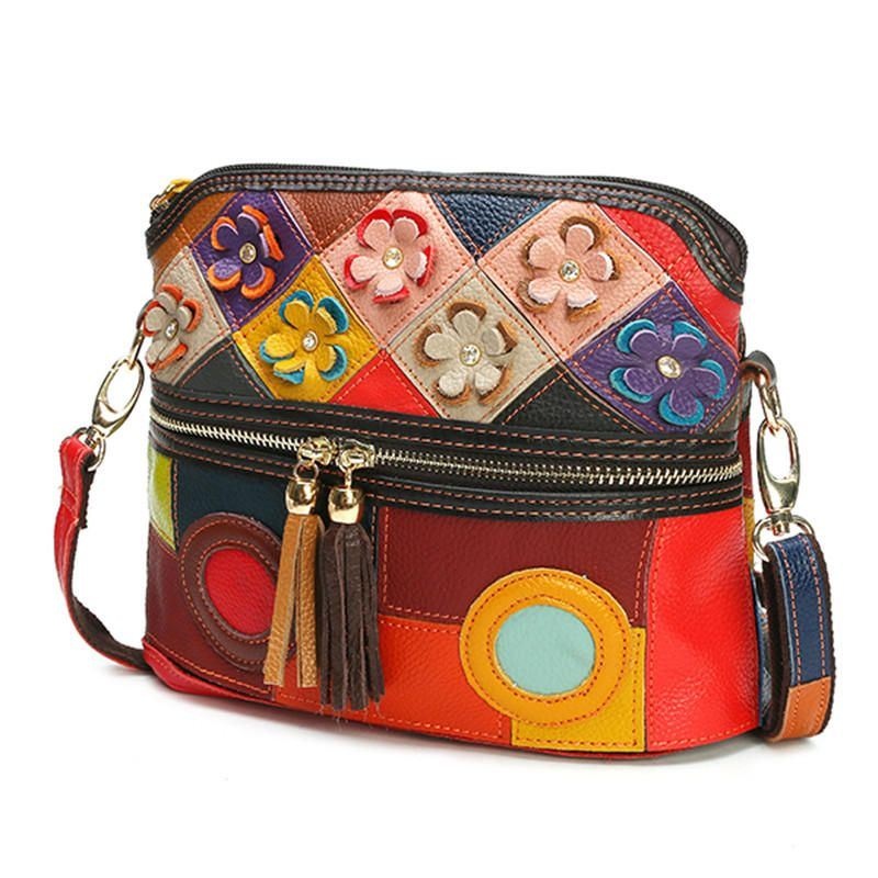 Damska Skórzana Torebka Crossbody W Kwiaty W Stylu Vintage