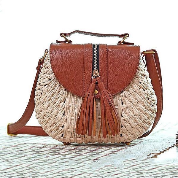 Damskie Torby Podróżne Ze Słomy Na Plażę Tassel Patchwork Crossbody Bag