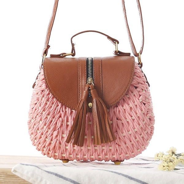 Damskie Torby Podróżne Ze Słomy Na Plażę Tassel Patchwork Crossbody Bag