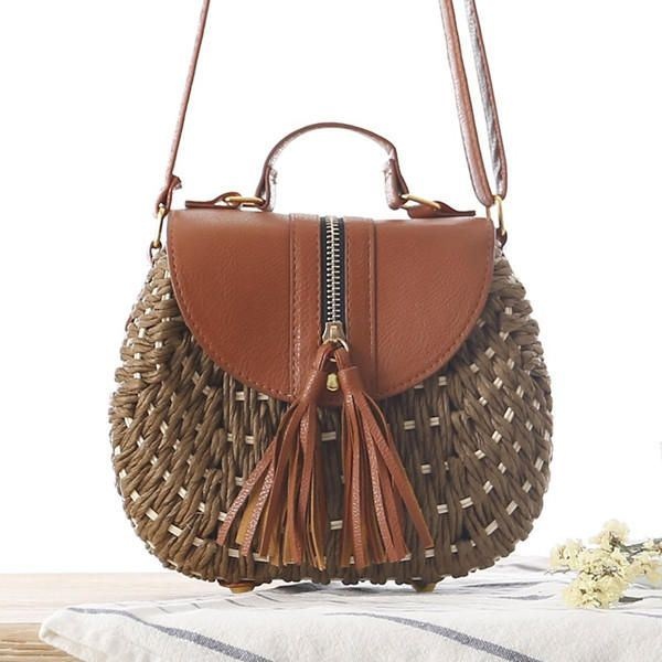 Damskie Torby Podróżne Ze Słomy Na Plażę Tassel Patchwork Crossbody Bag