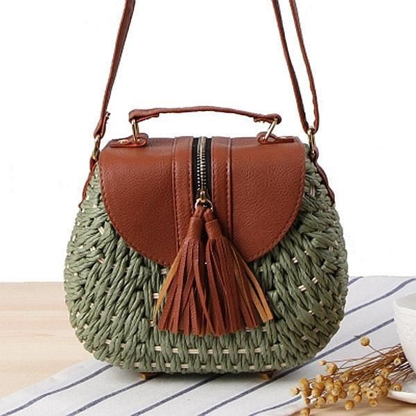 Damskie Torby Podróżne Ze Słomy Na Plażę Tassel Patchwork Crossbody Bag