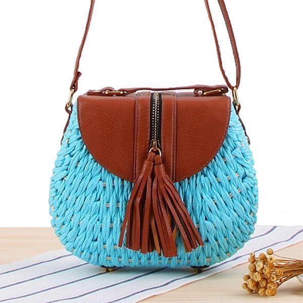 Damskie Torby Podróżne Ze Słomy Na Plażę Tassel Patchwork Crossbody Bag