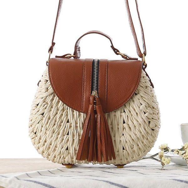 Damskie Torby Podróżne Ze Słomy Na Plażę Tassel Patchwork Crossbody Bag