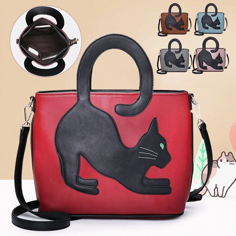 Kobiety Faux Leather Cute Cat Pattern Casual Torebka Crossbody Bag