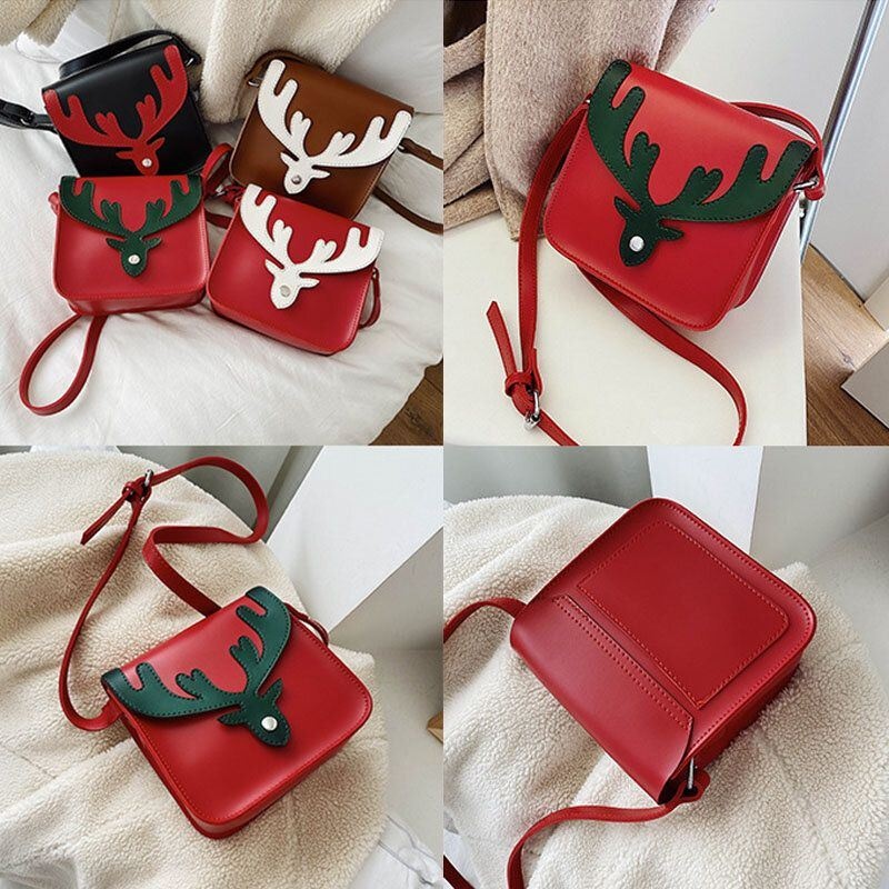 Kobiety Faux Leather Kontrastowy Kolor Wzór Z Łosiem Bożonarodzeniowym Mała Kwadratowa Torba Torba Na Ramię Crossbody Bag