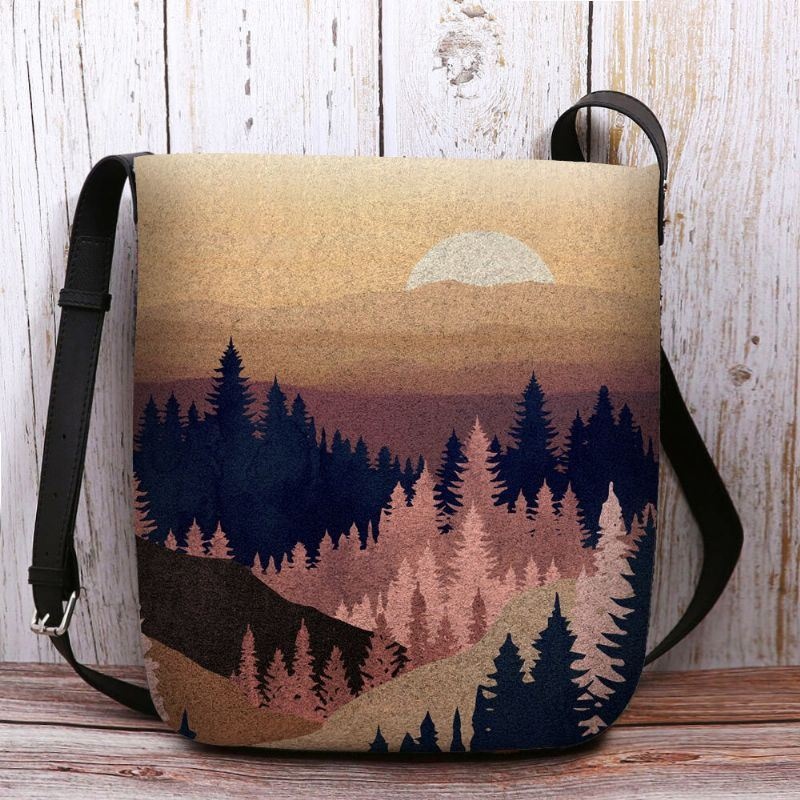 Kobiety Filcowe Damskie Mountain Treetop Print Wzór Multi-carry Osobowość Torba Na Ramię Torba Crossbody