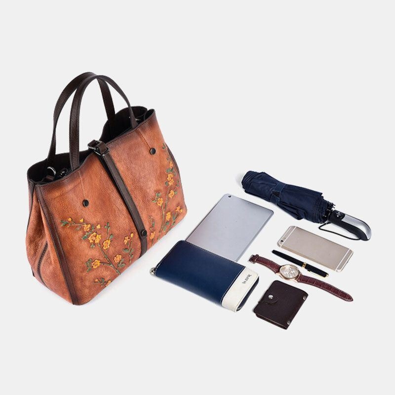 Kobiety Kwiatowy Wzór Tłoczone Warzywa Tanneleather Crossbody Torby Retro O Dużej Pojemności Skórzana Torba Na Ramię Torebka