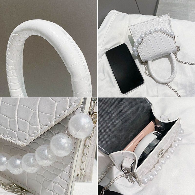 Kobiety Pearls Chain Decor Flap Wytłaczany Wzór Węża Mini Torebka Crossbody Bag Torba Na Ramię