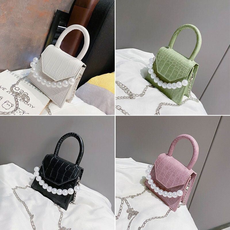 Kobiety Pearls Chain Decor Flap Wytłaczany Wzór Węża Mini Torebka Crossbody Bag Torba Na Ramię