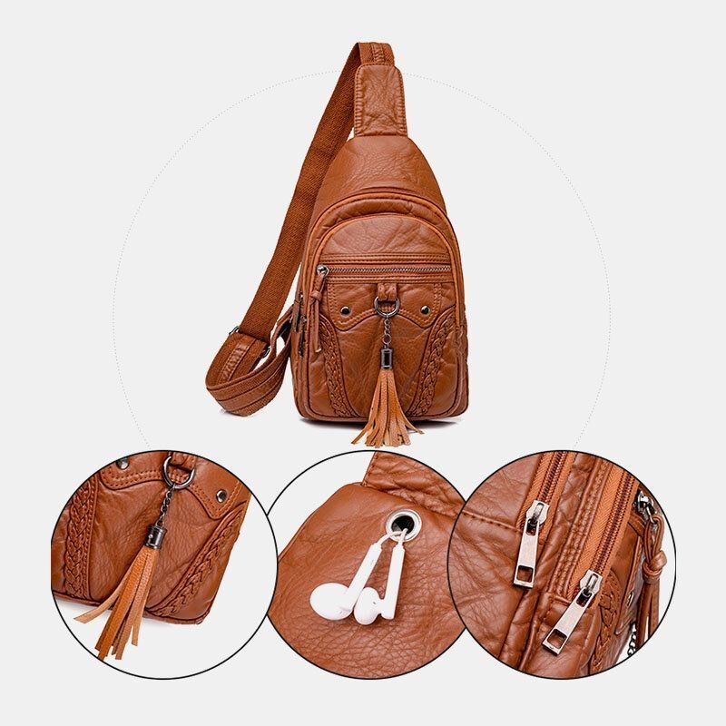 Kobiety Pu Leather Tassel O Dużej Pojemności Otwór Na Słuchawki Anti-theft Crossbody Torby Torba Na Ramię Torba Na Klatkę Piersiową