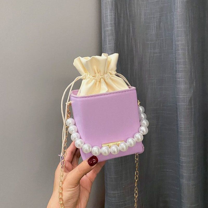 Kobiety Pu Skóra Prostokąt String Pearl Chain Torba Na Telefon Torebka Torba Na Ramię Torby Crossbody