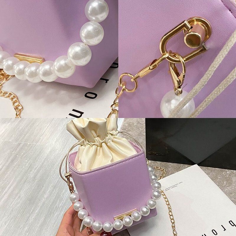 Kobiety Pu Skóra Prostokąt String Pearl Chain Torba Na Telefon Torebka Torba Na Ramię Torby Crossbody