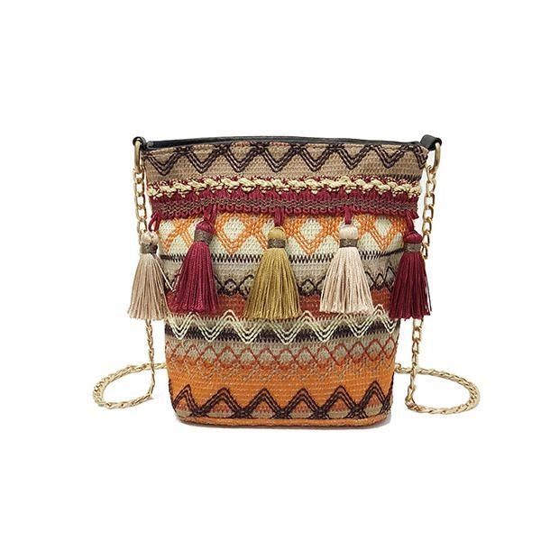 Kobiety Tkackie Tassel National Crossbody Bag Chic Bucket Bag