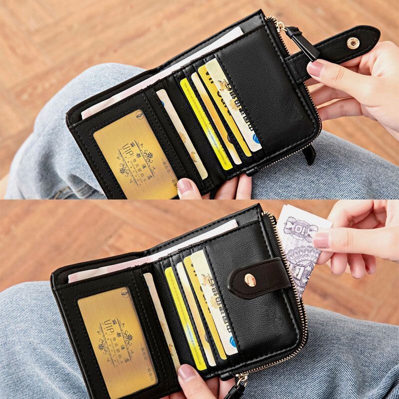 Kobiety Pu Leather Bifold Hasp Multi-card Slot Retro Short Card Holder Portfele Z Paskiem Na Nadgarstek