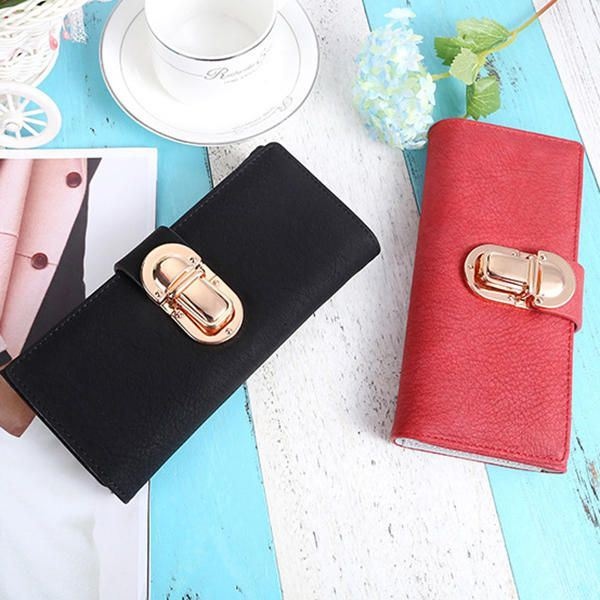 Kobiety Pu Leather Hardware Hasp Fold Over Card Holder Portmonetka Portfel