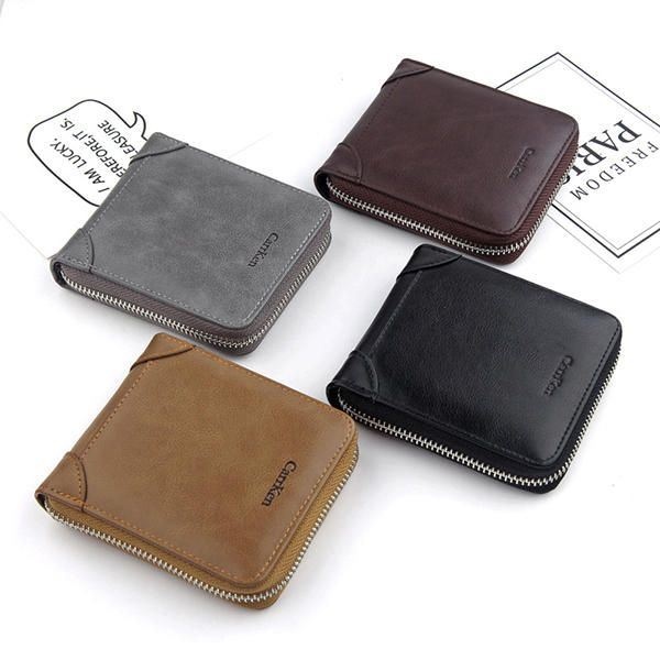 Mężczyźni Faux Leather Tri-fold Retro Zipper Multi-card Slots Wall