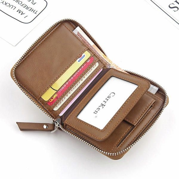 Mężczyźni Faux Leather Tri-fold Retro Zipper Multi-card Slots Wall