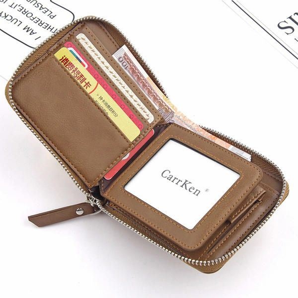 Mężczyźni Faux Leather Tri-fold Retro Zipper Multi-card Slots Wall