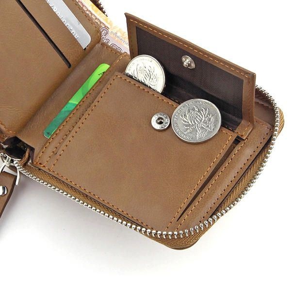 Mężczyźni Faux Leather Tri-fold Retro Zipper Multi-card Slots Wall