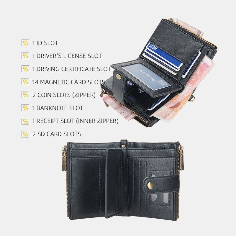 Mężczyźni Pu Skórzany Krótki Bifold Podwójny Zamek Multi-card Slot Holder Retro Monety Kiesy Pieniądze Klip Portfel