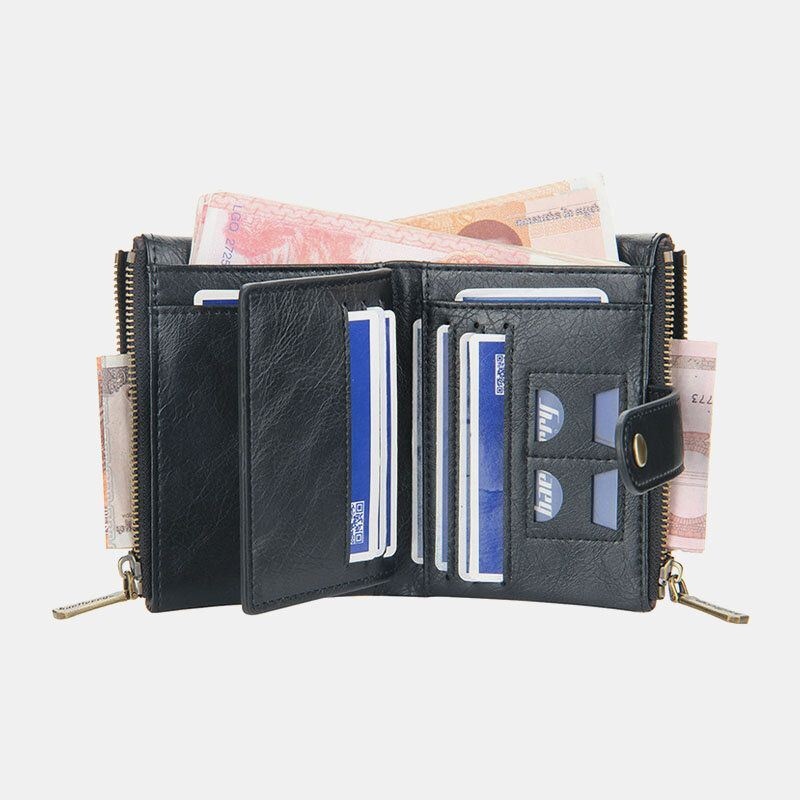 Mężczyźni Pu Skórzany Krótki Bifold Podwójny Zamek Multi-card Slot Holder Retro Monety Kiesy Pieniądze Klip Portfel