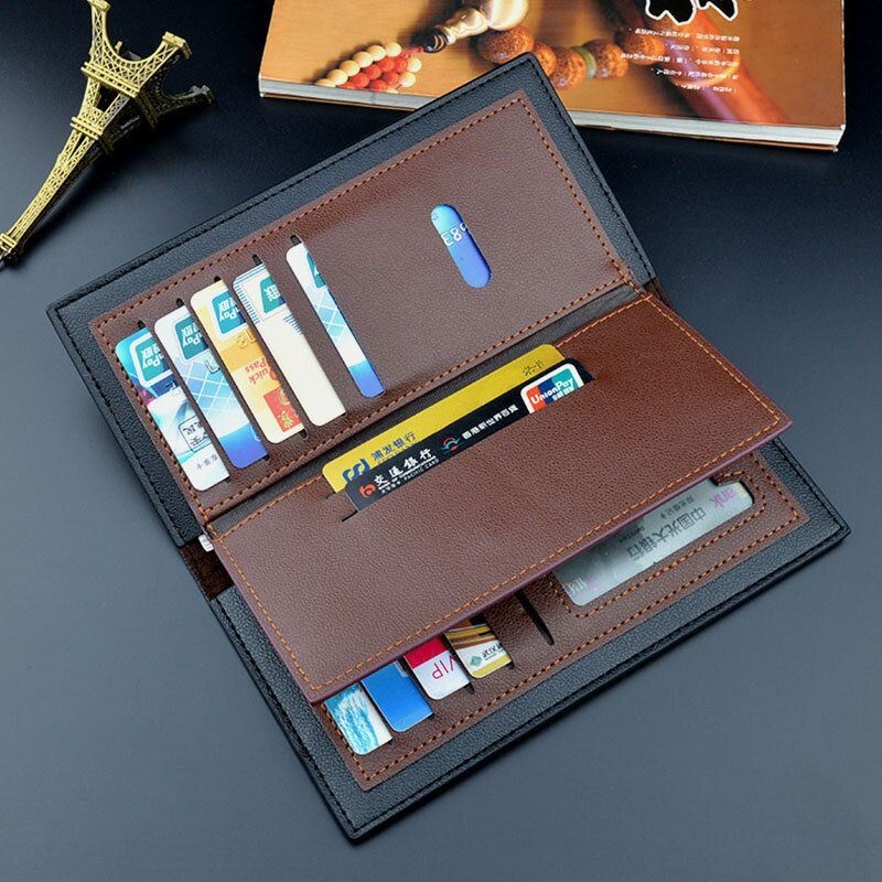 Męska Faux Leather Bifold Multi-slots Dopasowane Kolorystycznie Długi Portfel Torebka Etui Na Karty