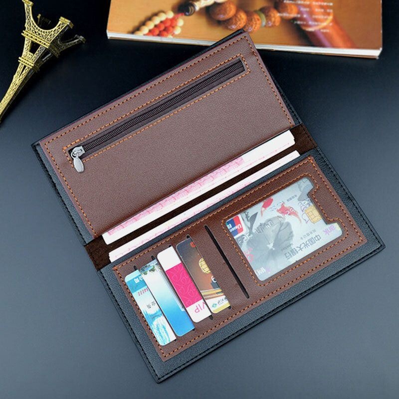 Męska Faux Leather Bifold Multi-slots Dopasowane Kolorystycznie Długi Portfel Torebka Etui Na Karty