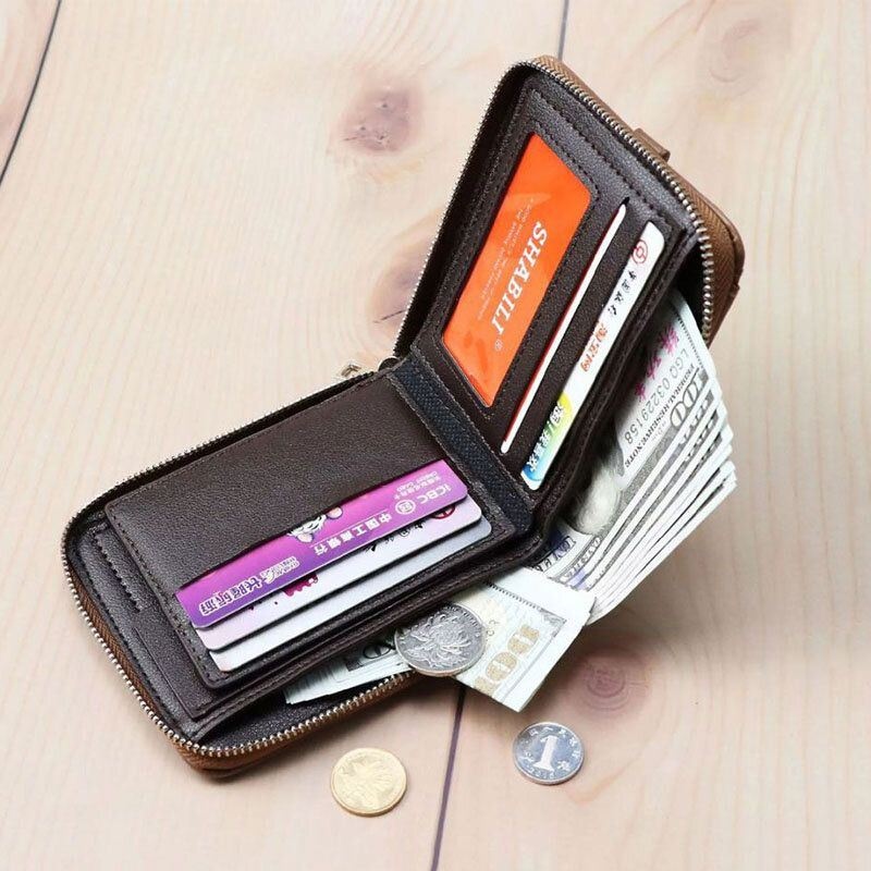 Męska Torebka Ze Sztucznej Skóry O Dużej Pojemności Z Wieloma Gniazdami Business Bifold Short Zipper Wallet Purse