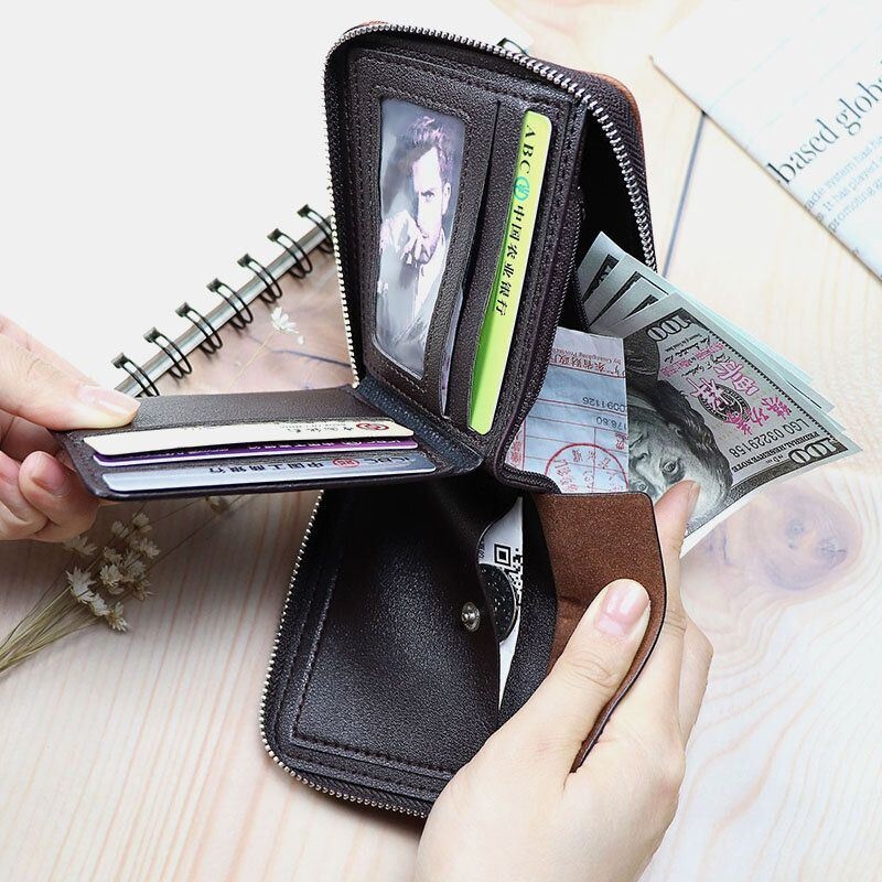 Męska Torebka Ze Sztucznej Skóry O Dużej Pojemności Z Wieloma Gniazdami Business Bifold Short Zipper Wallet Purse