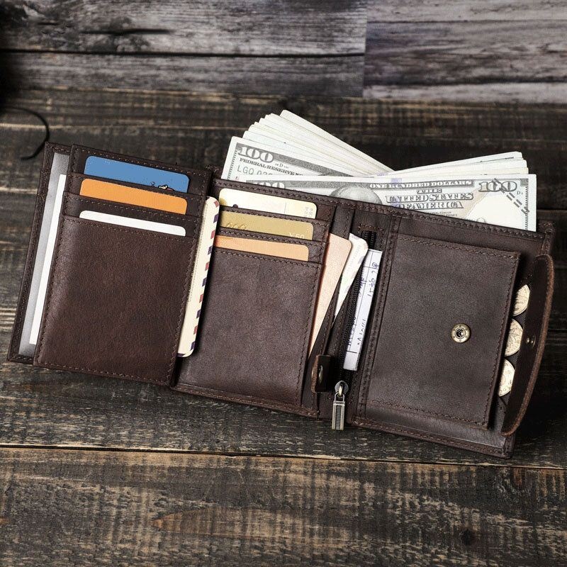 Męski Vintage Skórzany Łańcuszek Z Wieloma Szczelinami Jednokolorowy Łańcuszek Casual Trifold Wallet