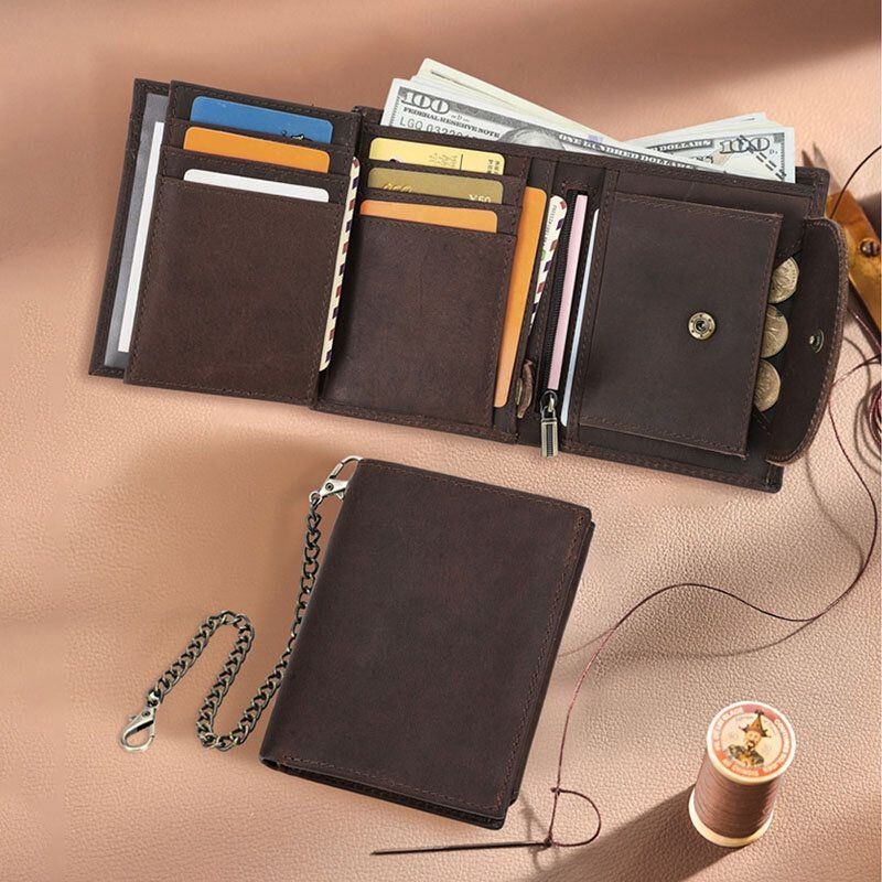 Męski Vintage Skórzany Łańcuszek Z Wieloma Szczelinami Jednokolorowy Łańcuszek Casual Trifold Wallet